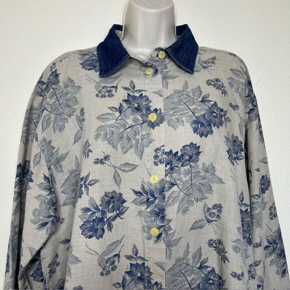 Vintage Capacity Linen Floral Denim Tan Long Sleeve Button Front Shirt Women XL - Picture 3 of 11